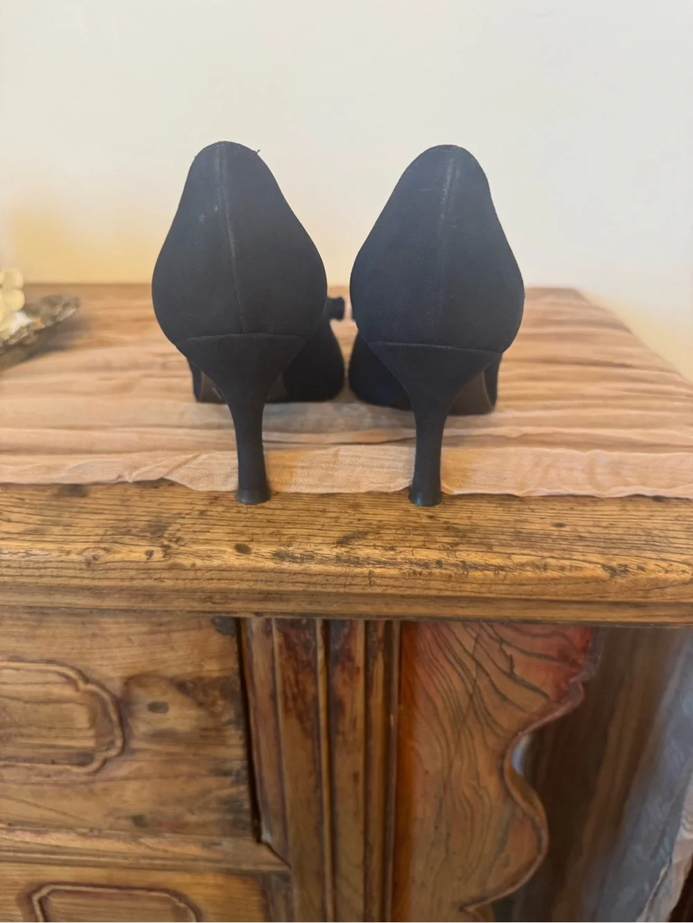 Stuart Weitzman Navy Suede Pumps with Rosette Accent open toe